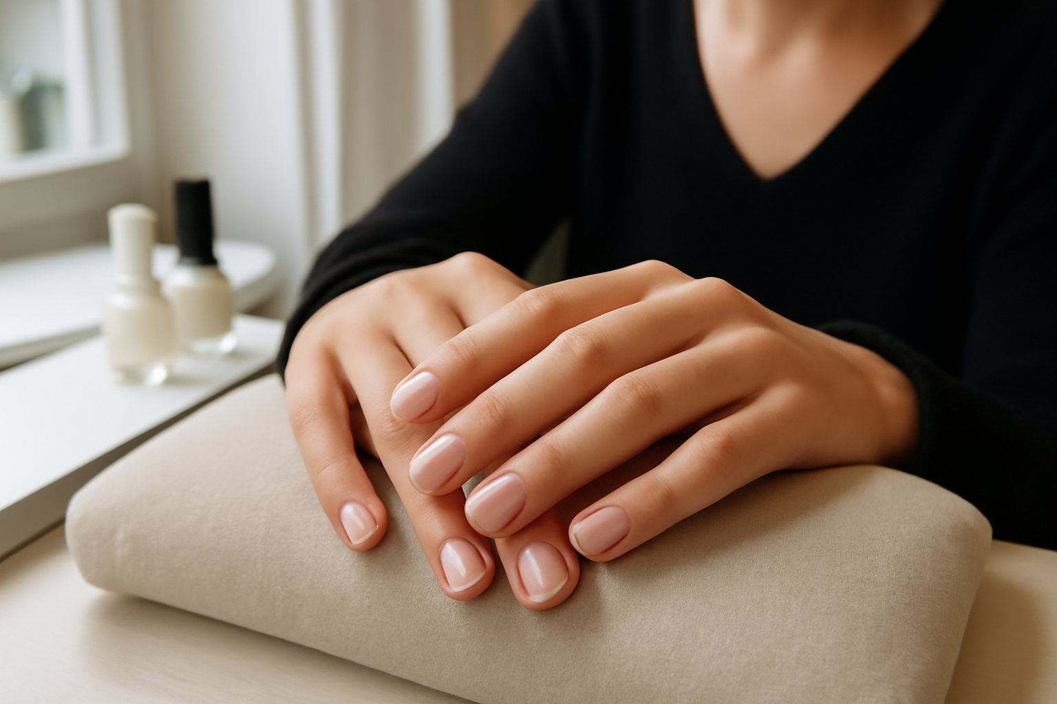 Ongles blanc laiteux au rendu nacré, mains bien hydratées, lumière douce