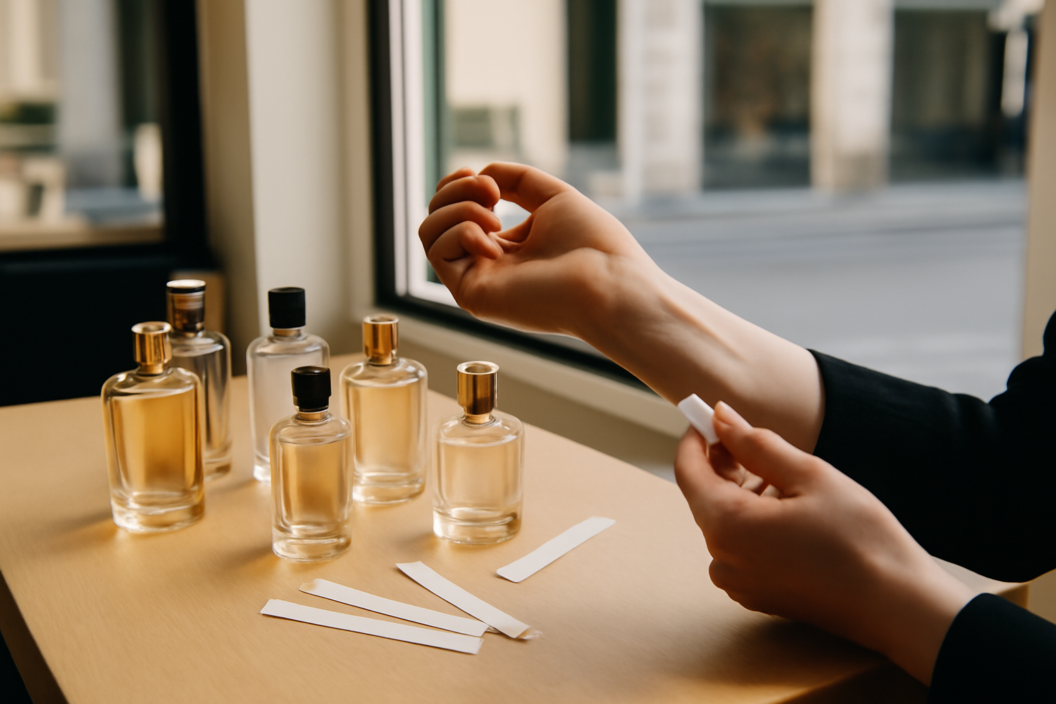 parfum femmes Sephora sur table de test en boutique, flacons et cartes de notes
