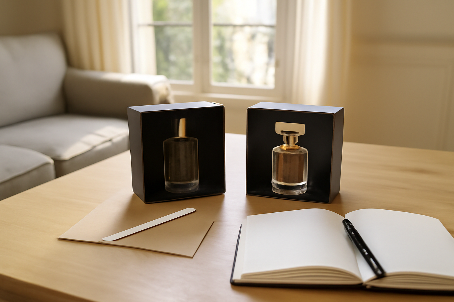 Parfumerie Hugo Boss sur une table, coffret et flacons homme et femme, lumière naturelle