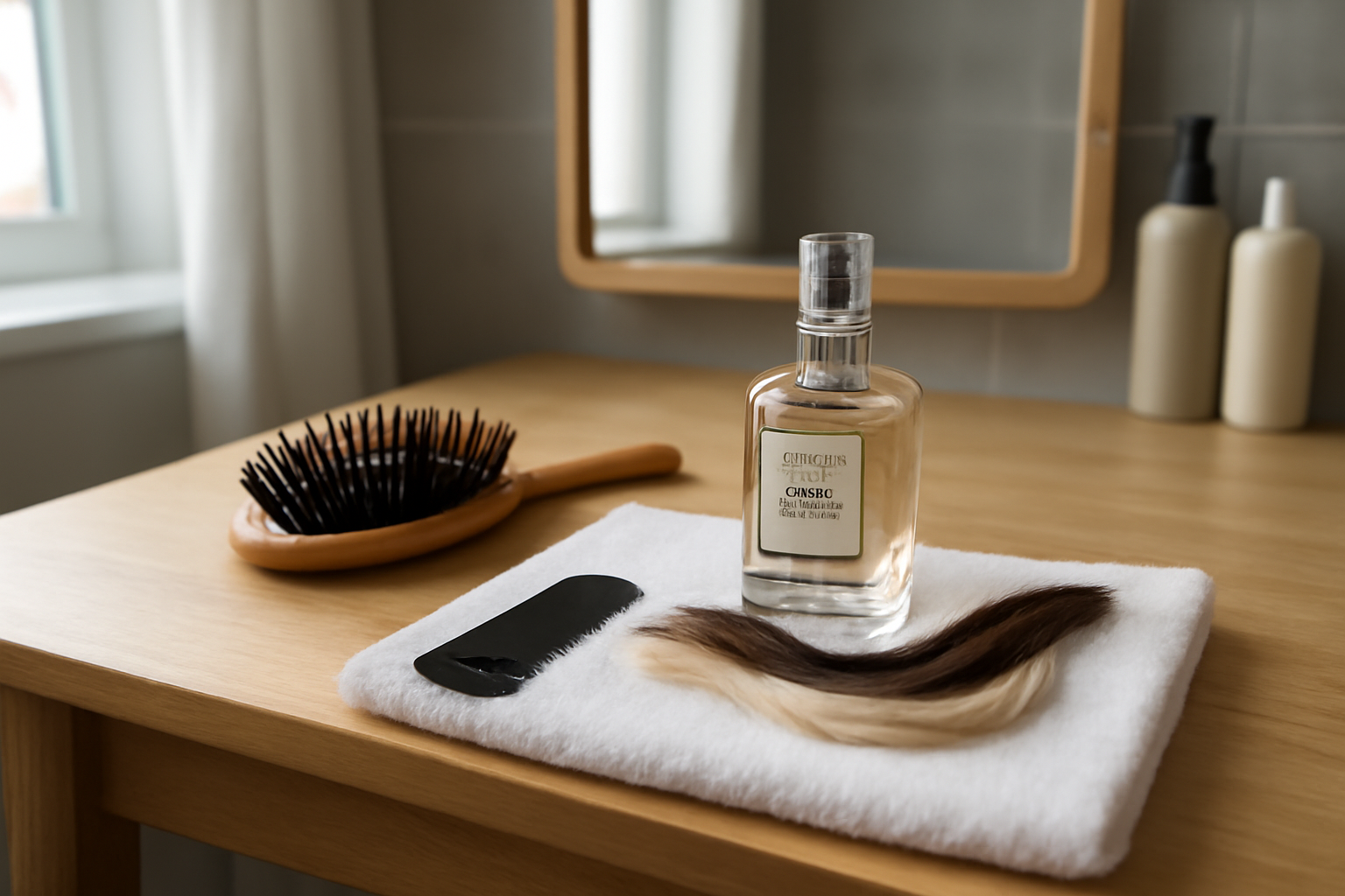 Les parfums les capillaires : flacon de parfum pour cheveux sur coiffeuse, brosse et mèches de cheveux