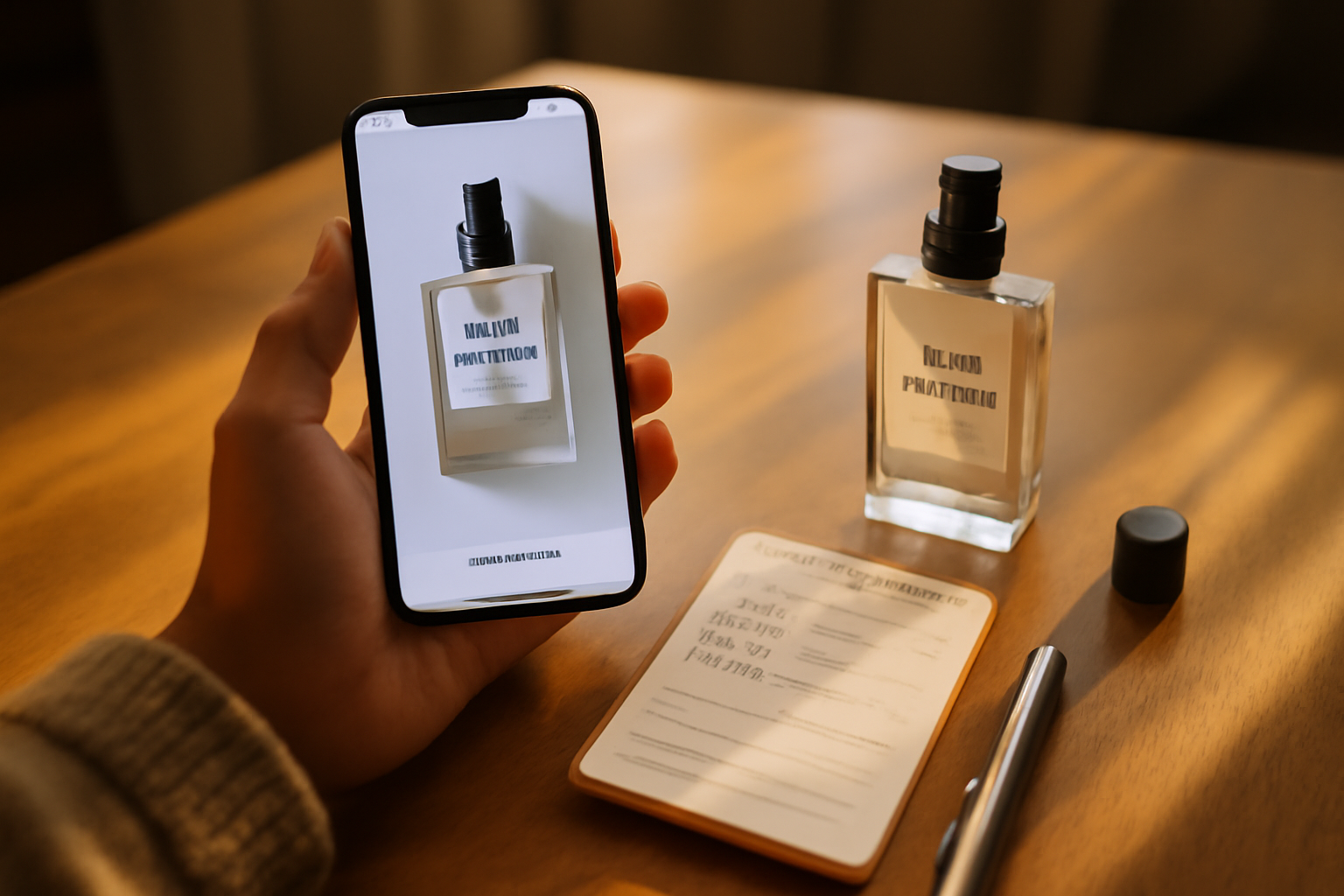 Comparatif en ligne : parfum capillaire, smartphone et fiche produit avec notes olfactives