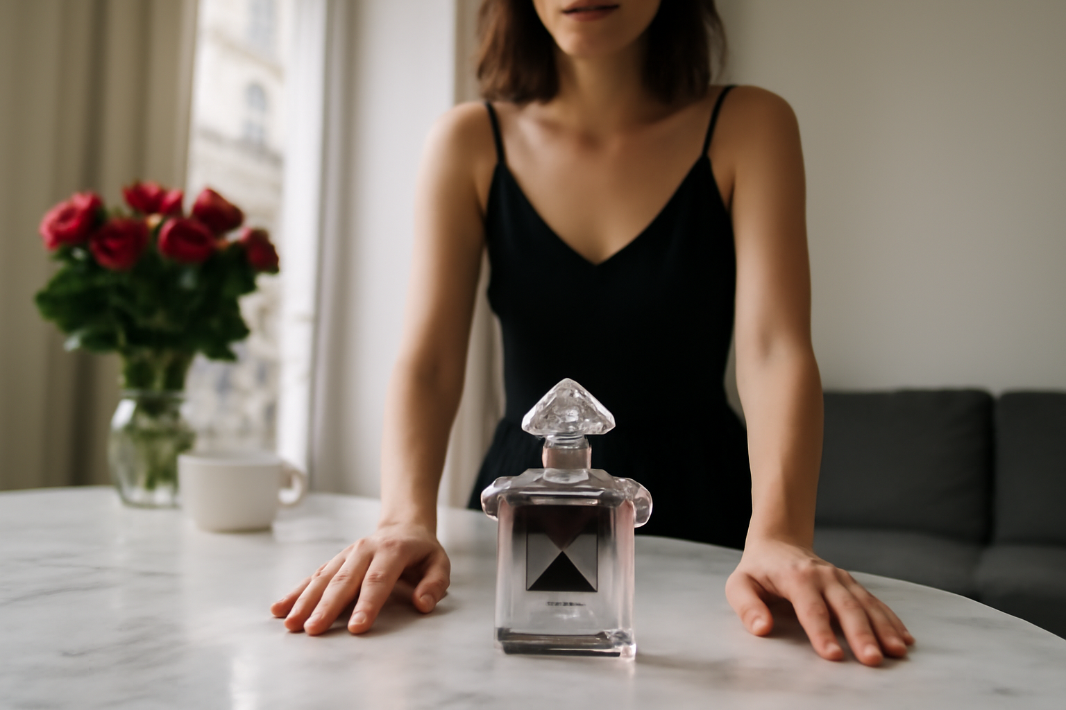 la petite robe noire parfum Guerlain en flacon noir sur table élégante