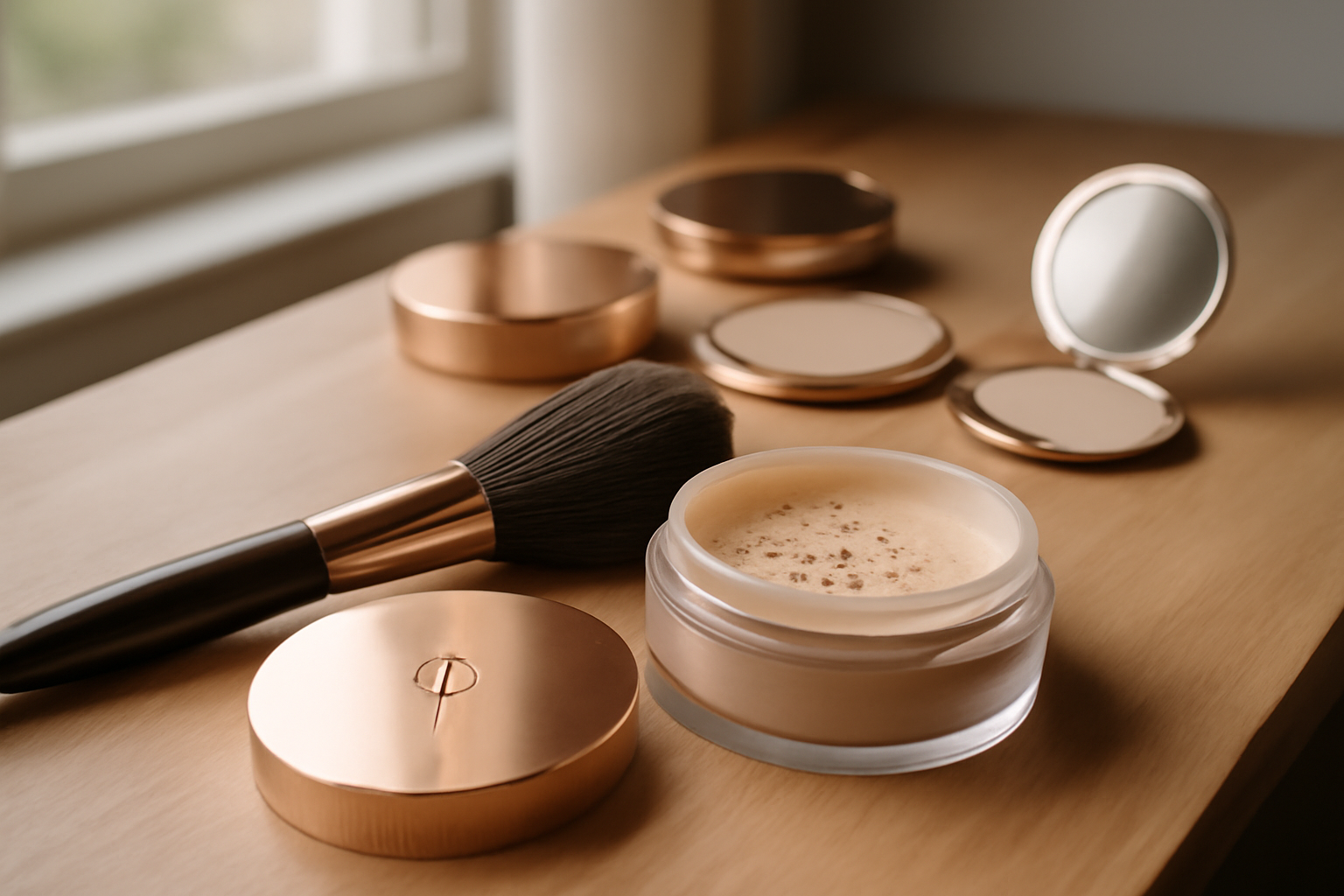 poudre charlotte tilbury et pinceau duveteux posés sur une table de maquillage en lumière naturelle