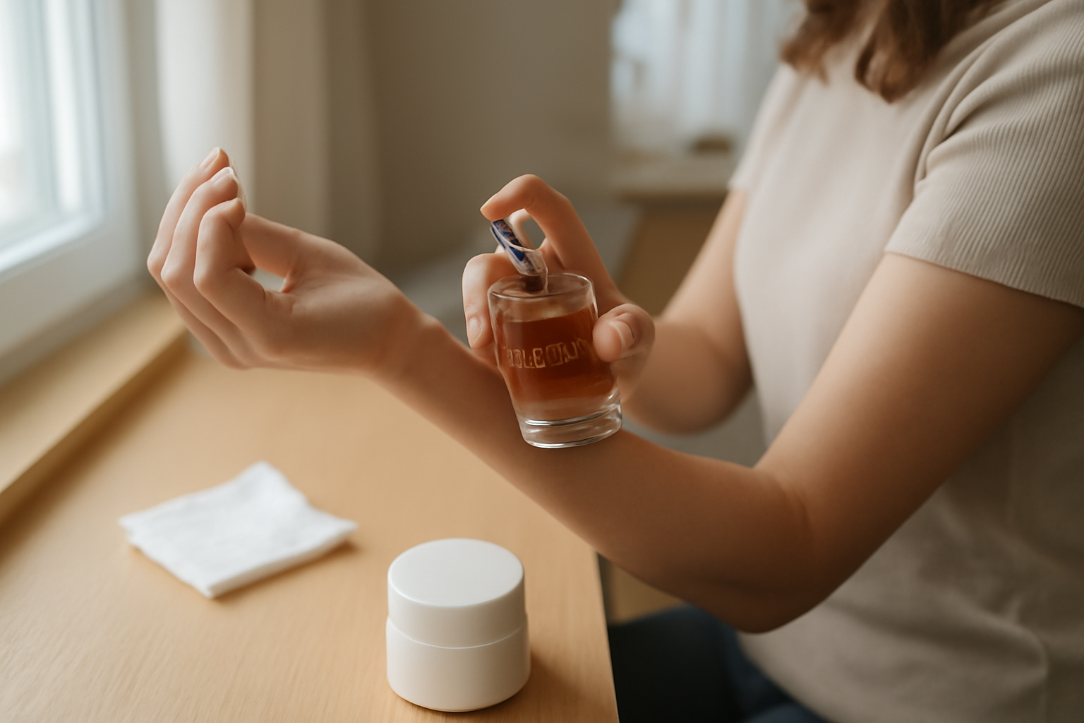 flacon Scandal parfum sur coiffeuse, lumière naturelle, femme préparant sa routine
