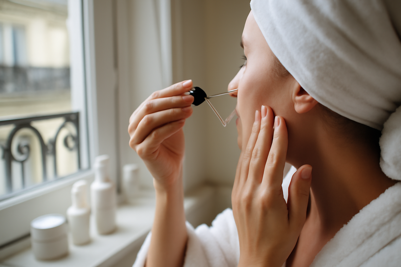 serum anti tache appliqué sur le visage, éclairage naturel