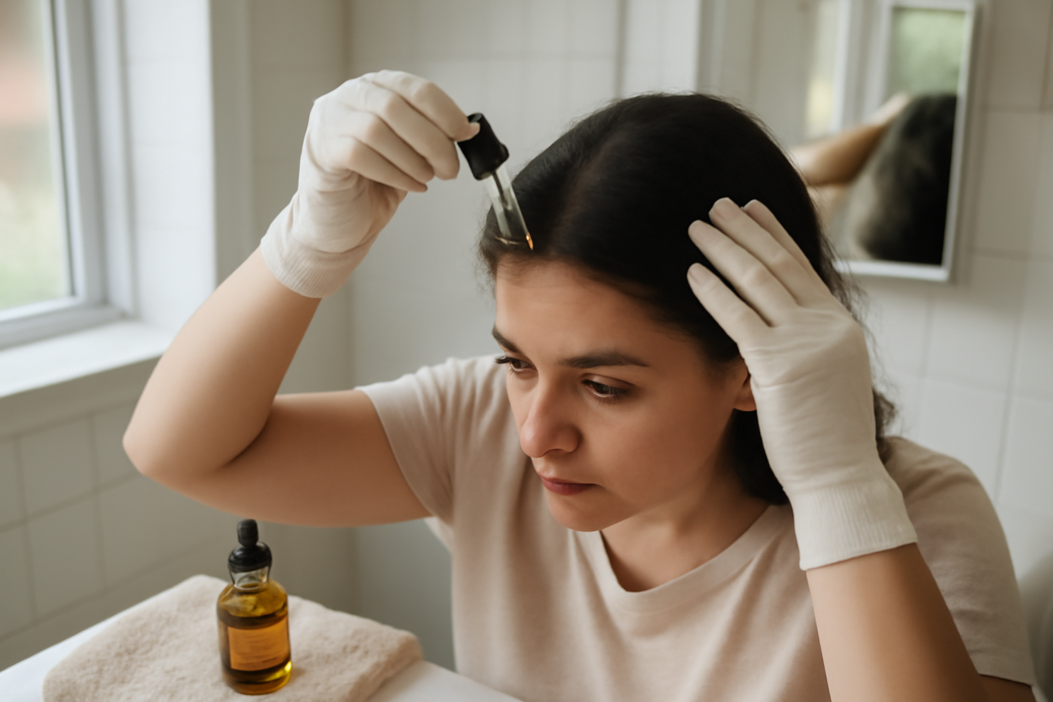 serum cheveux aroma zone appliqué sur le cuir chevelu, raie par raie, lumière naturelle