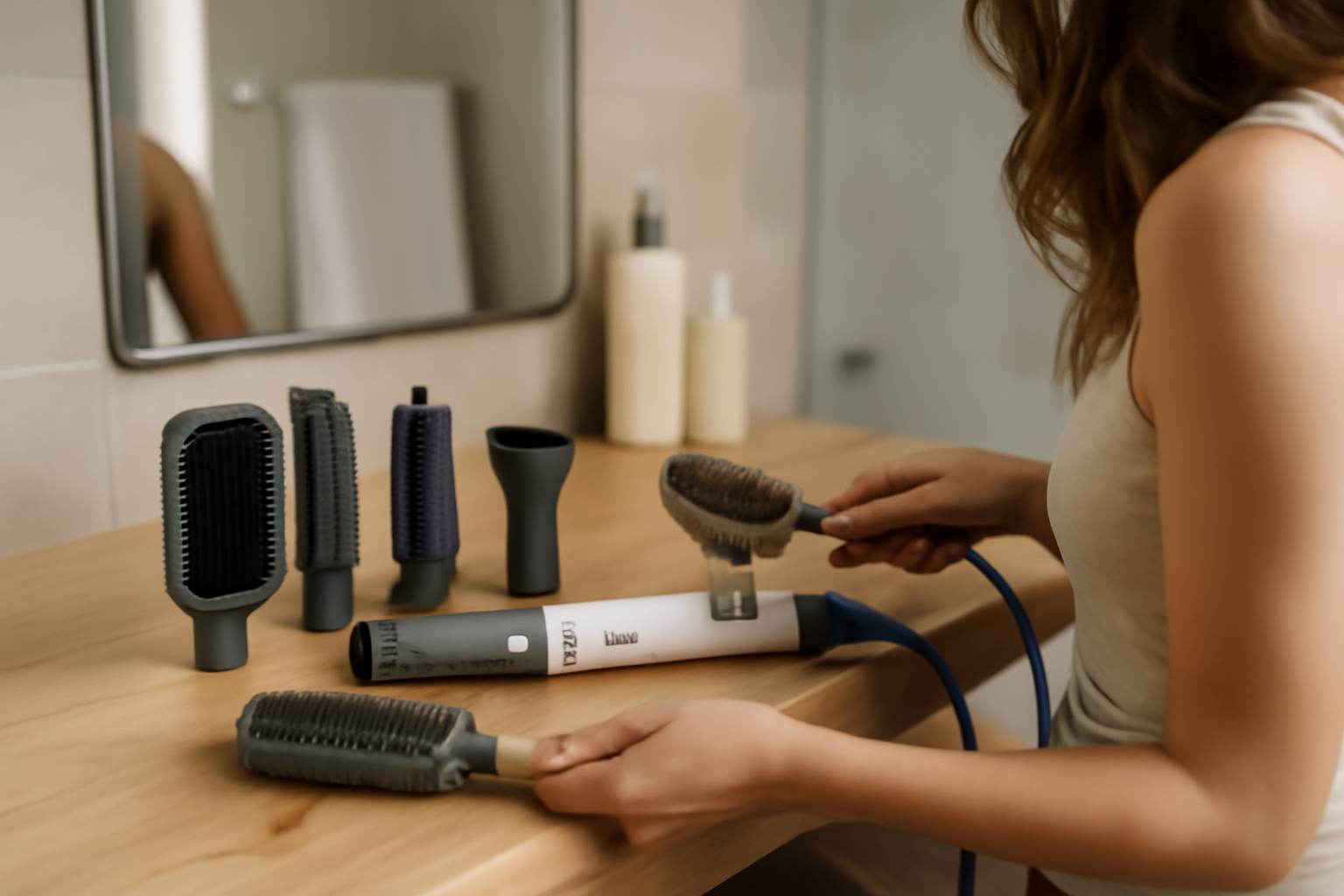 shark flexstyle multi-styler 5-en-1 sur coiffeuse, embouts et cheveux coiffés en lumière naturelle