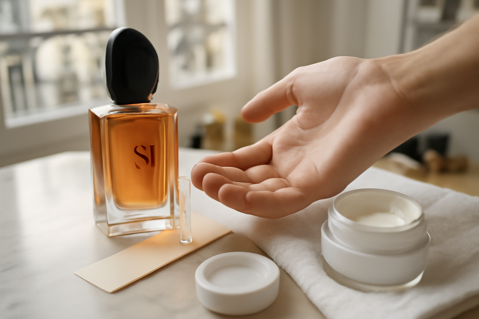 si parfum Armani, flacon élégant sur table en bois, lumière naturelle