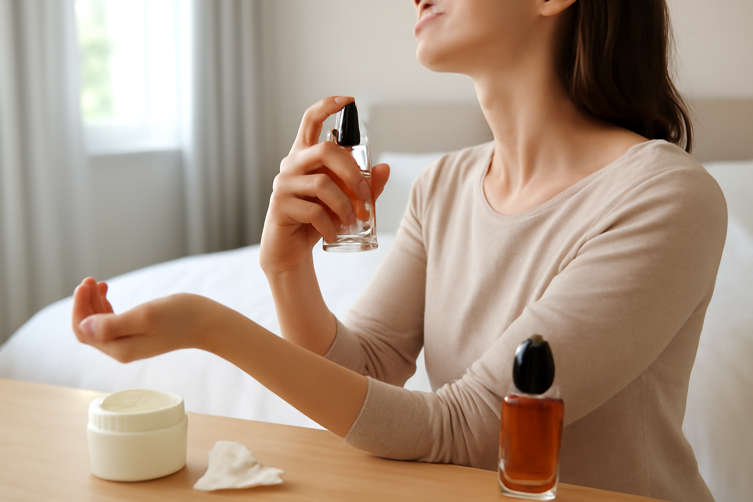 tester si parfum Armani sur deux zones de peau avec crème hydratante et mouchoir