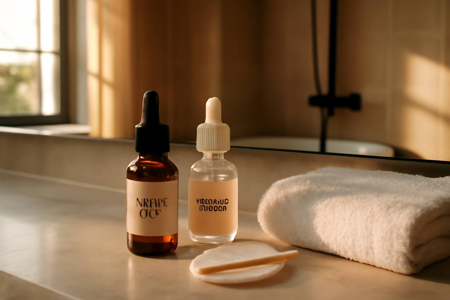 Huile et sérum de nuit skin therapy erborian sur table de salle de bain, lumière douce du soir