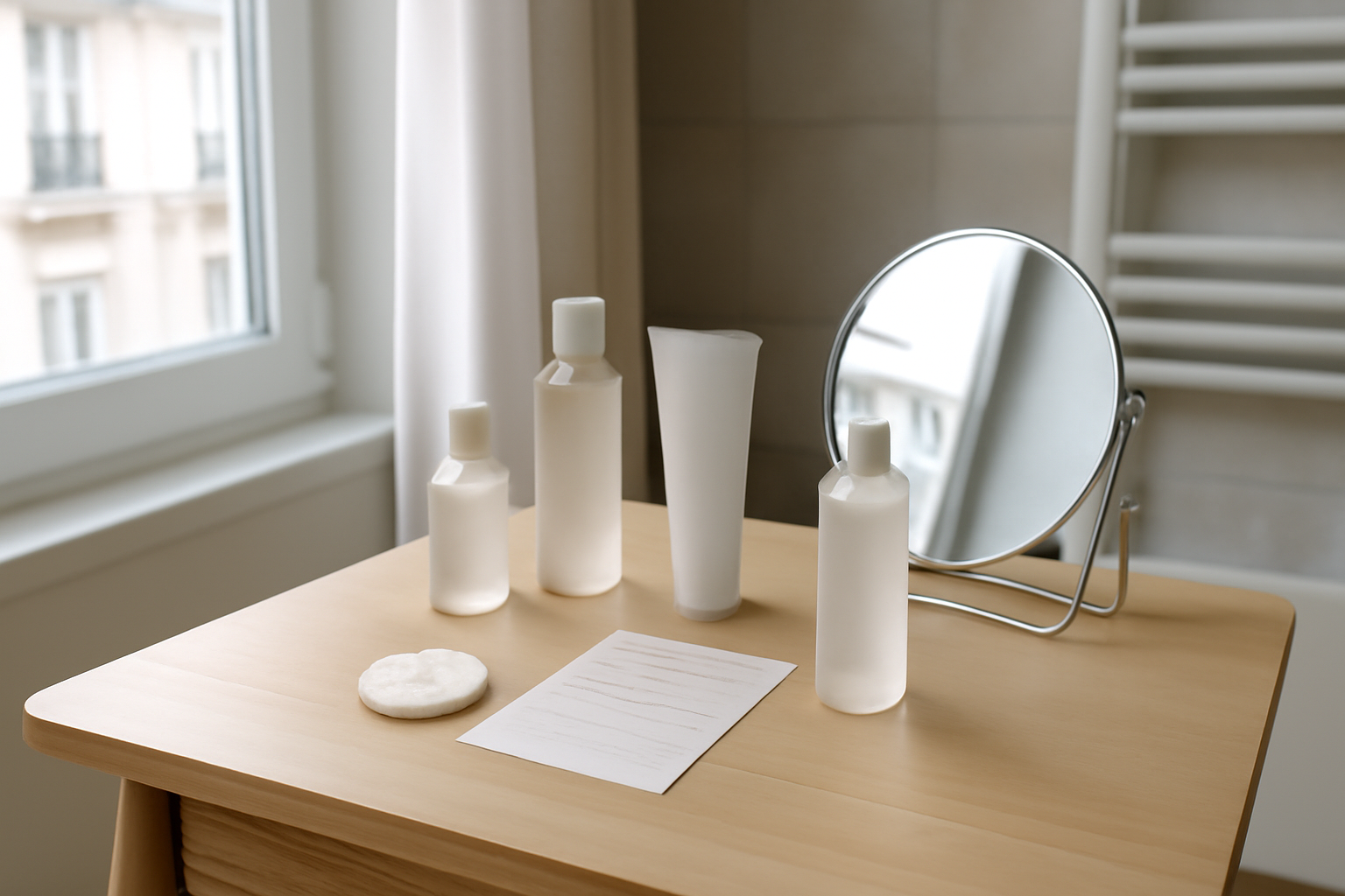 typology avis sur une table de salle de bain : flacons minimalistes, échantillons et routine de soin