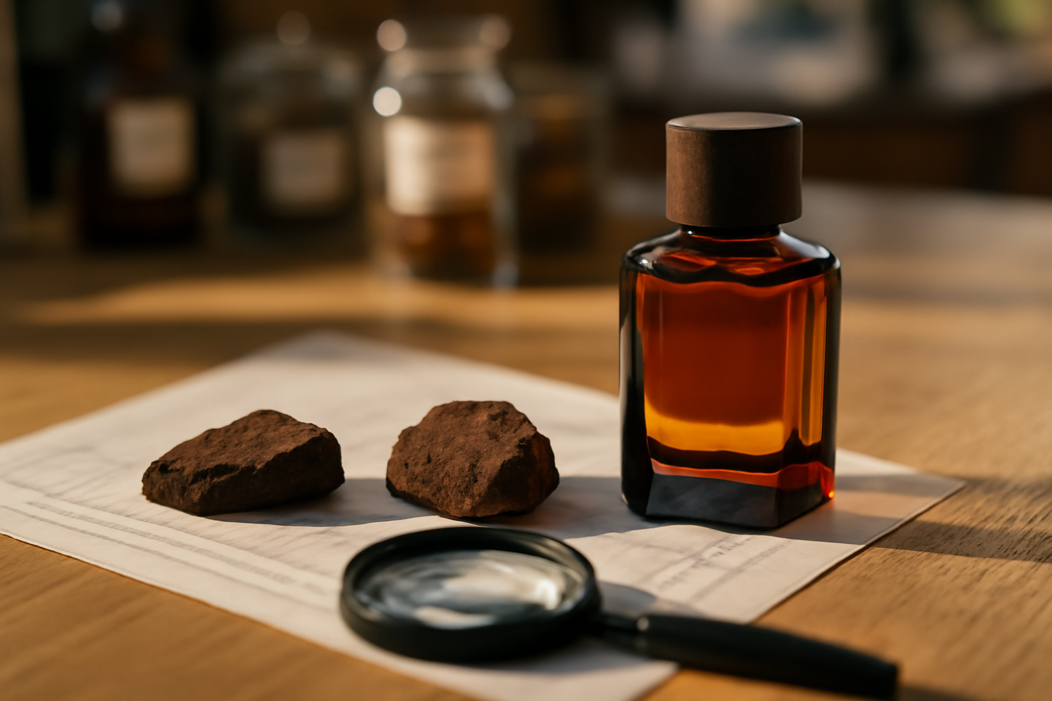 Ambre gris, concrétion marine maturée, vue réaliste sur table de laboratoire