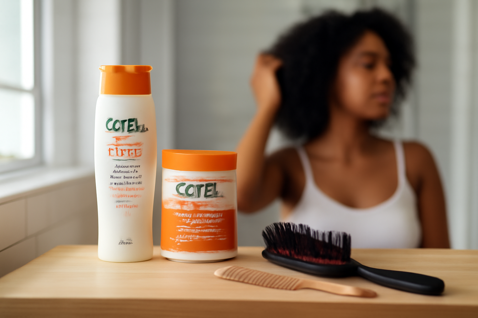 cantu sur étagère de salle de bain, flacons de soins pour cheveux bouclés, lumière naturelle