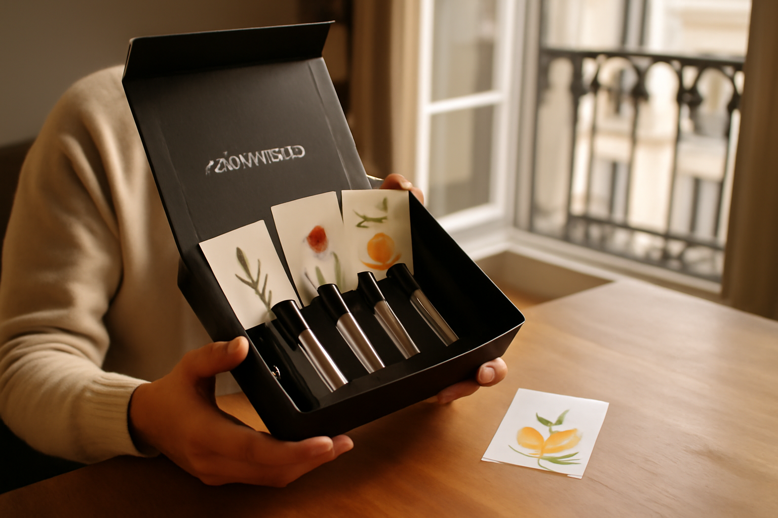 club parfum : box parfum en main, échantillons et flacons voyage sur table en bois