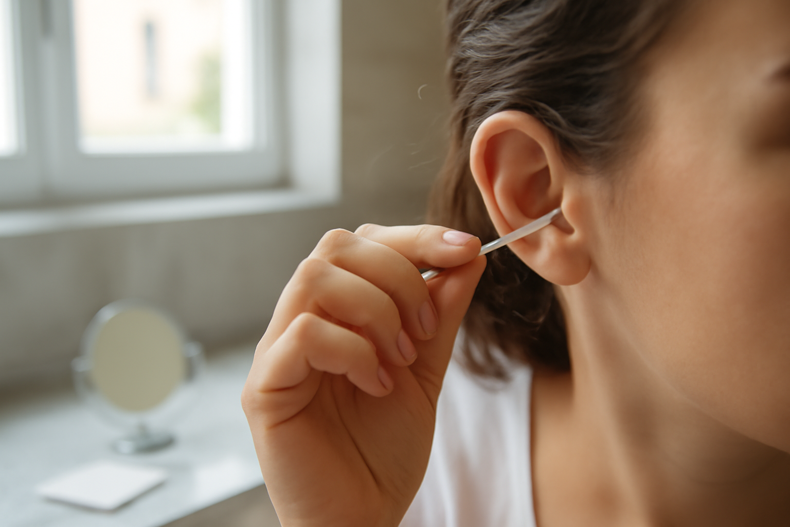 coton tige pour nettoyer l’oreille externe sur une table de salle de bain, lumière naturelle