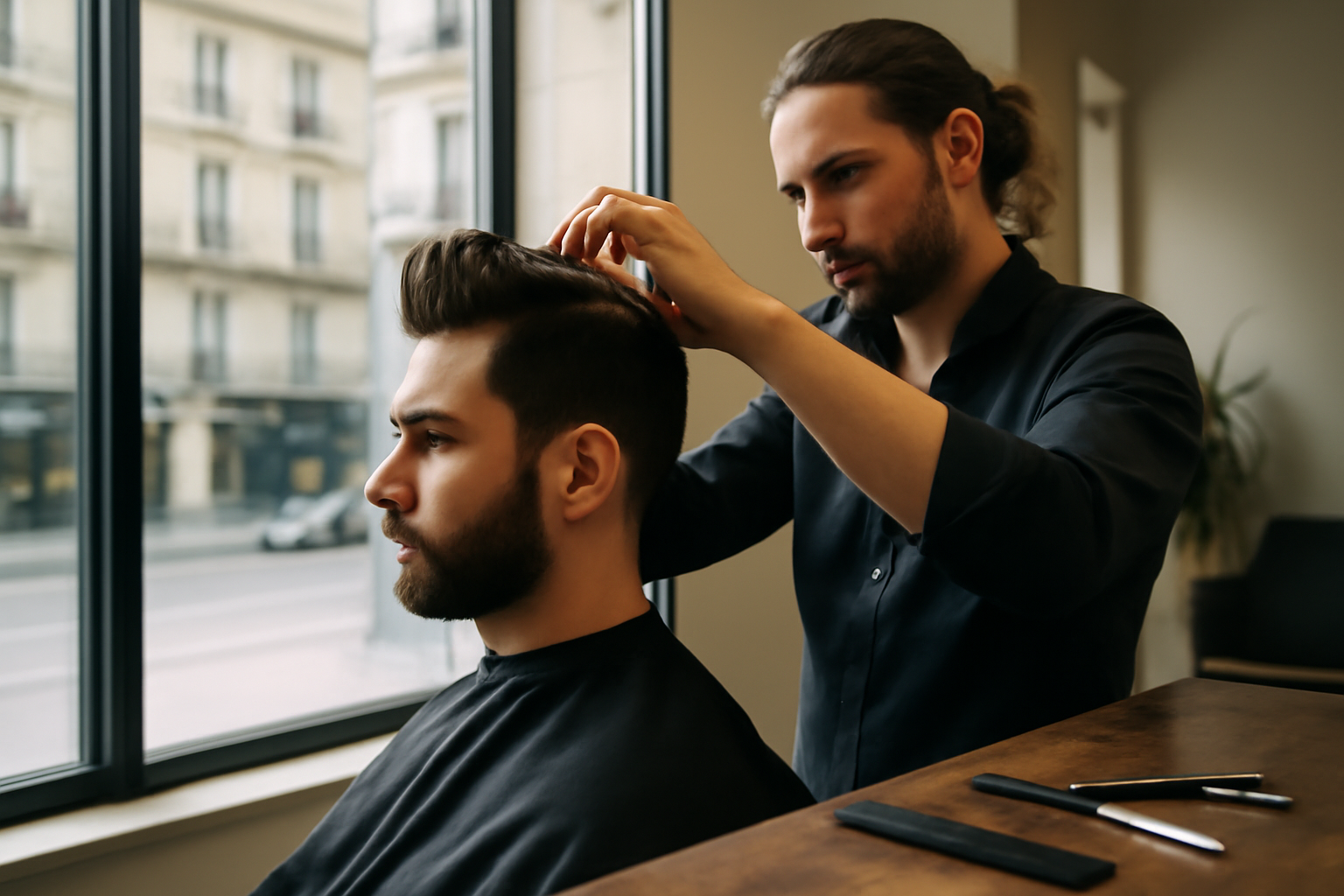 coupe banane homme coiffée avec volume courbé sur le dessus dans un salon de coiffure lumineux