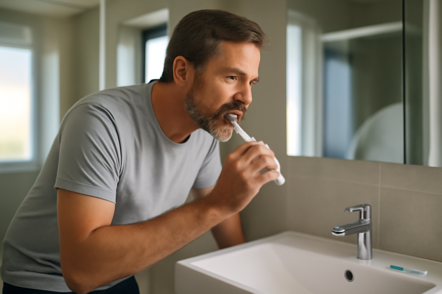 dentition parfaite homme : brossage soigneux et nettoyage inter-dentaire dans une salle de bain lumineuse