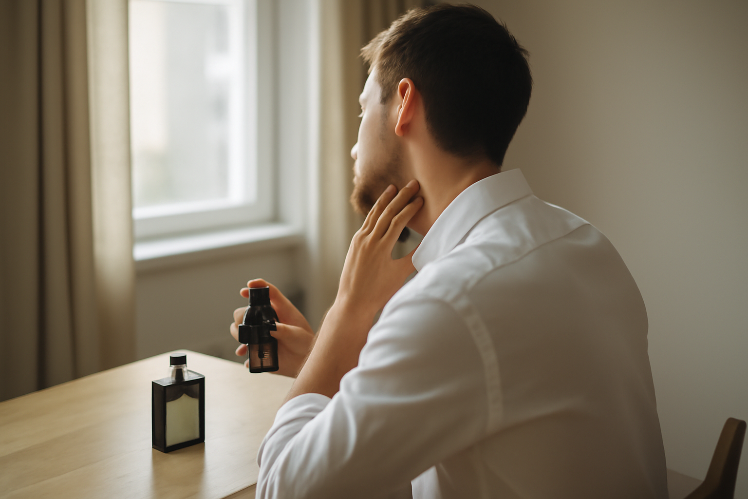 eau de toilette pour homme sur peau et flacon de vaporisation, lumière naturelle