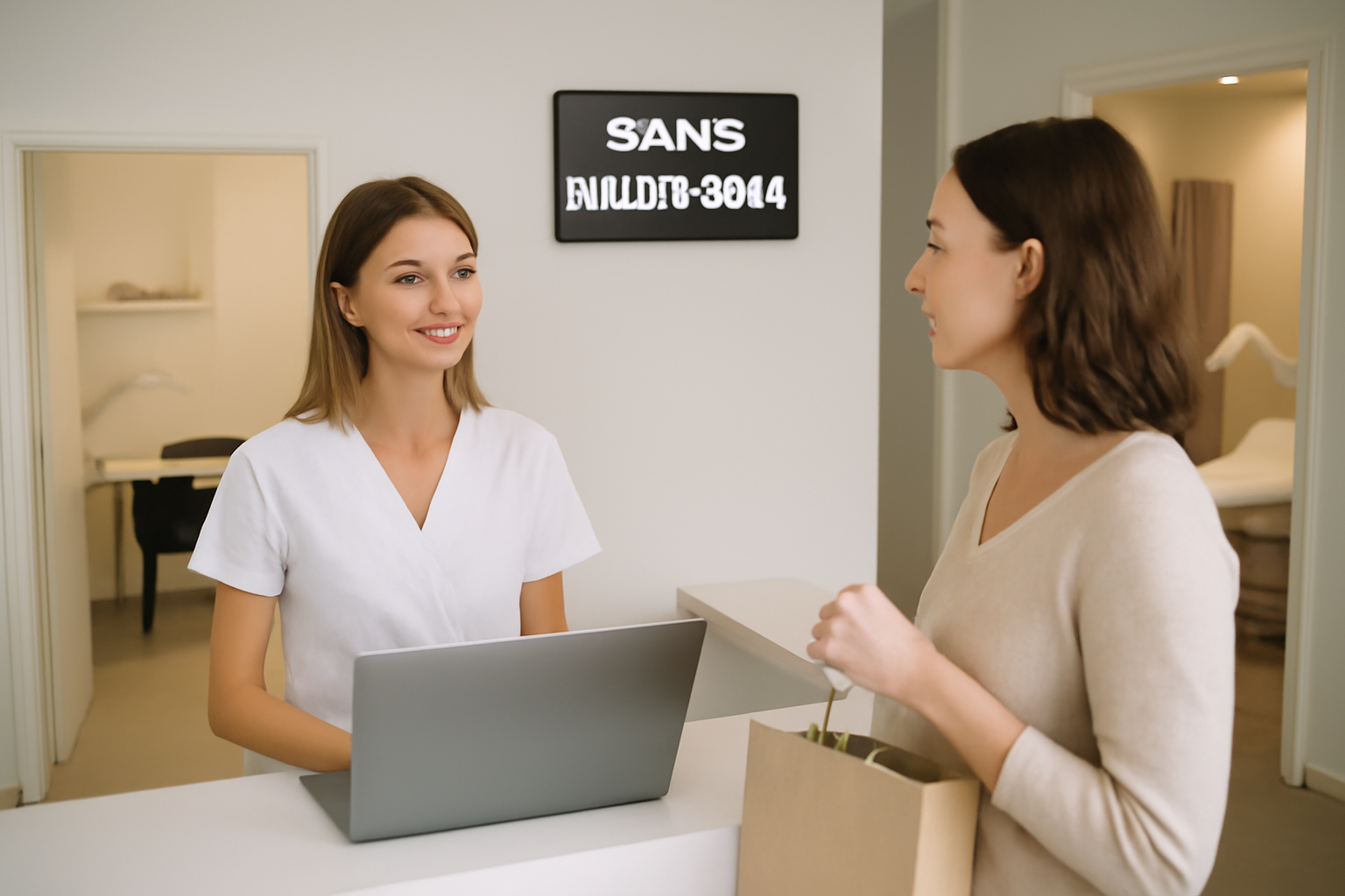 Esthéticienne sans rdv dans un institut de beauté, accueil à la réception et vitrine de prestations
