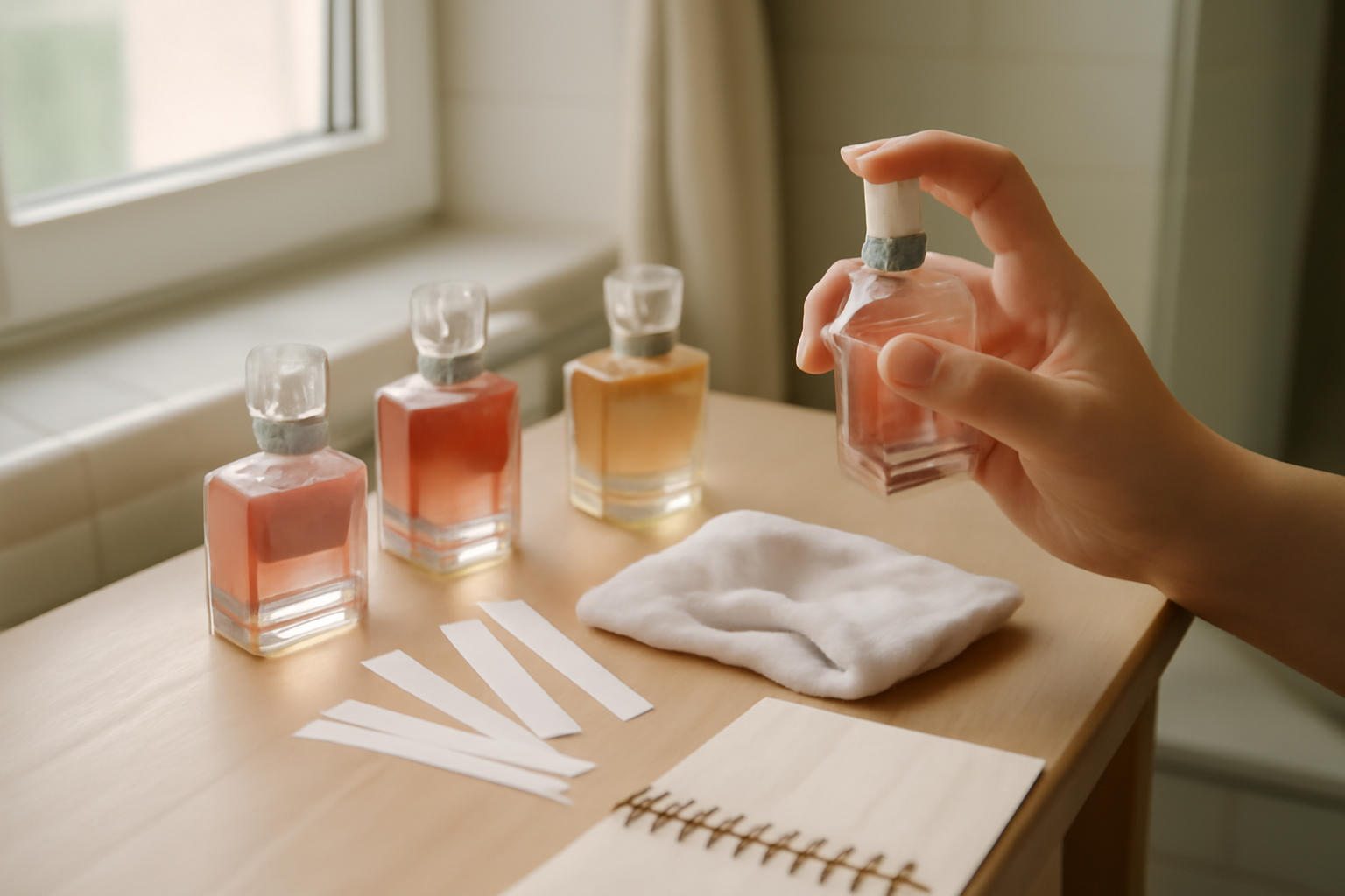 fragrances by lancome : flacons de parfums sur une table en bois, lumière naturelle, peau et mouchoir pour test