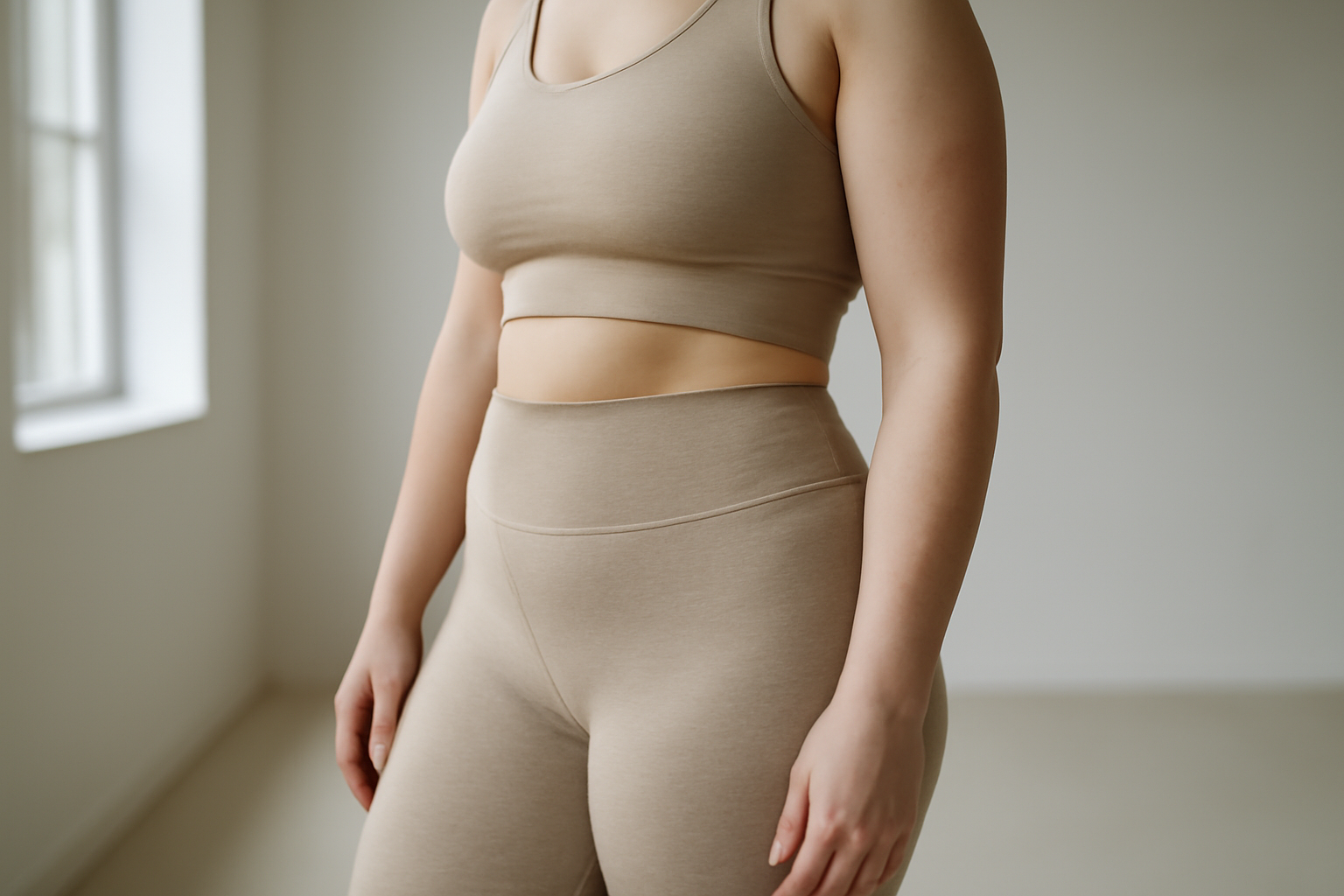 Hip dip : creux externe des hanches visible sur un profil, lumière naturelle