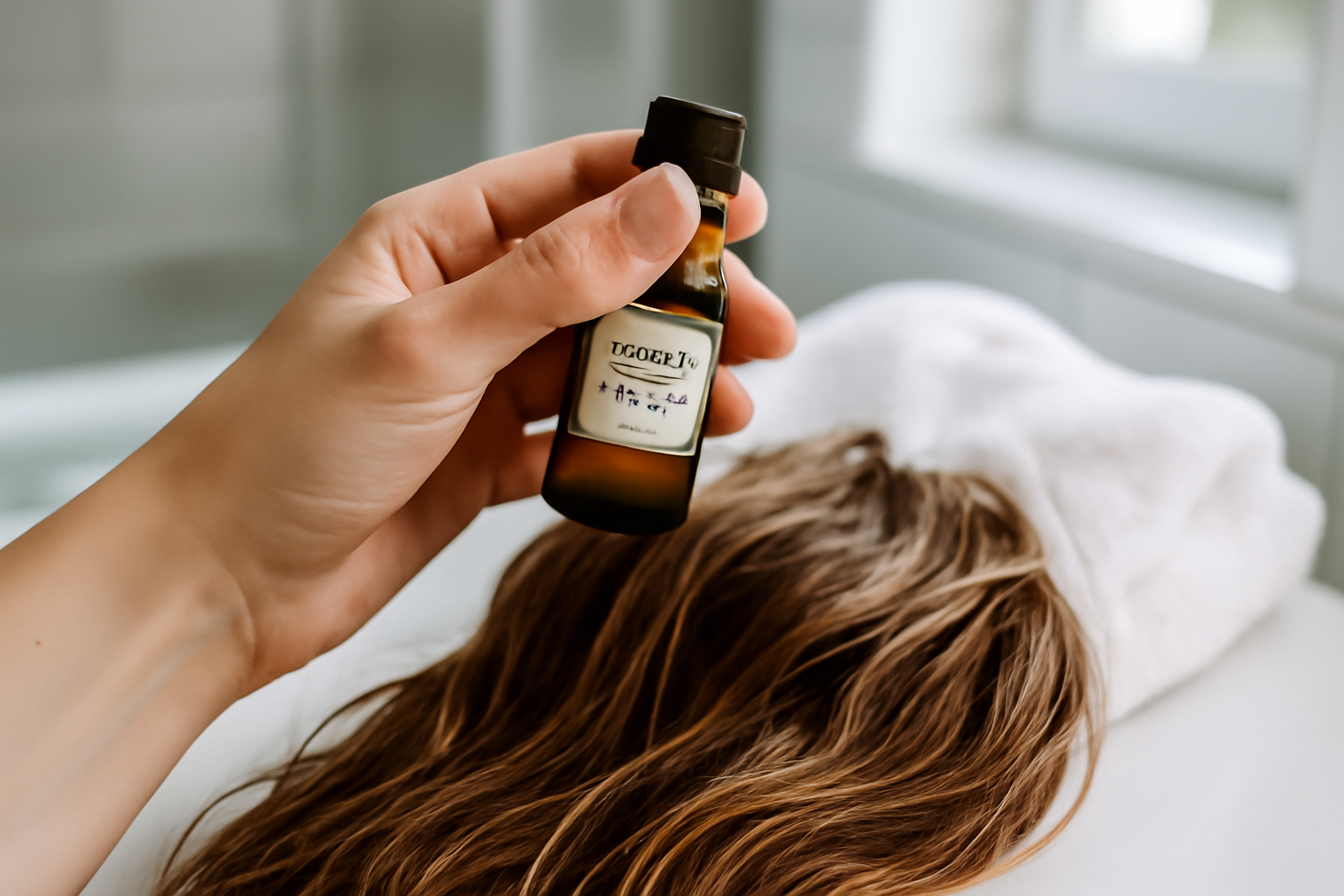 Huile de jojoba cheveux versée sur les longueurs dans une salle de bain lumineuse