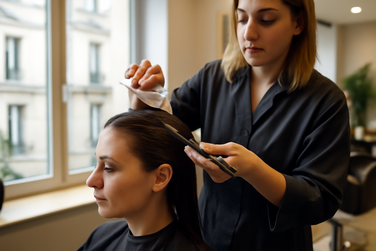 lissage coréen en salon : coiffeur appliquant un produit de lissage sur cheveux