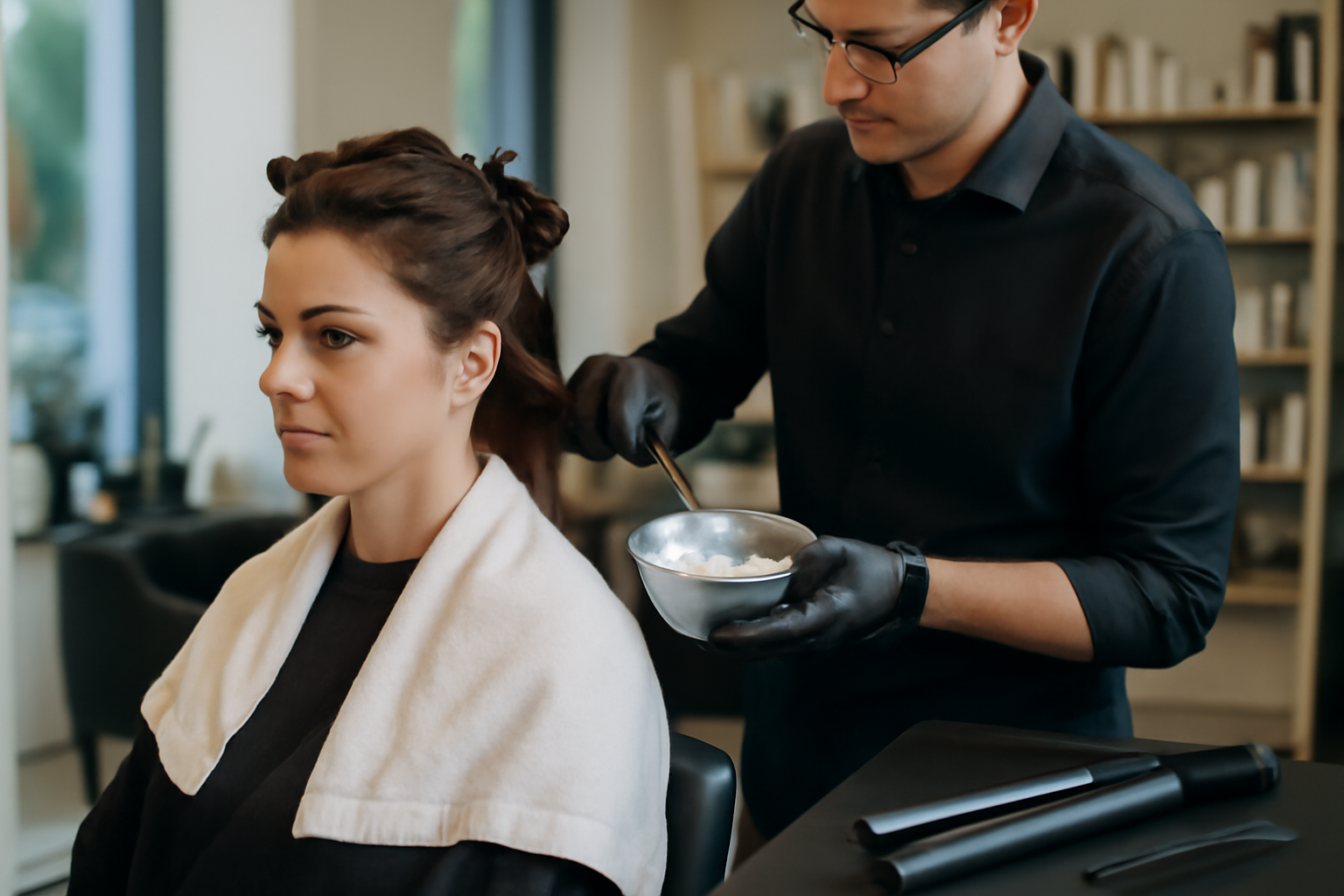 lissage indien : tête de cliente au salon de coiffure, peigne et lisseur, produits capillaires ayurvédiques sur table