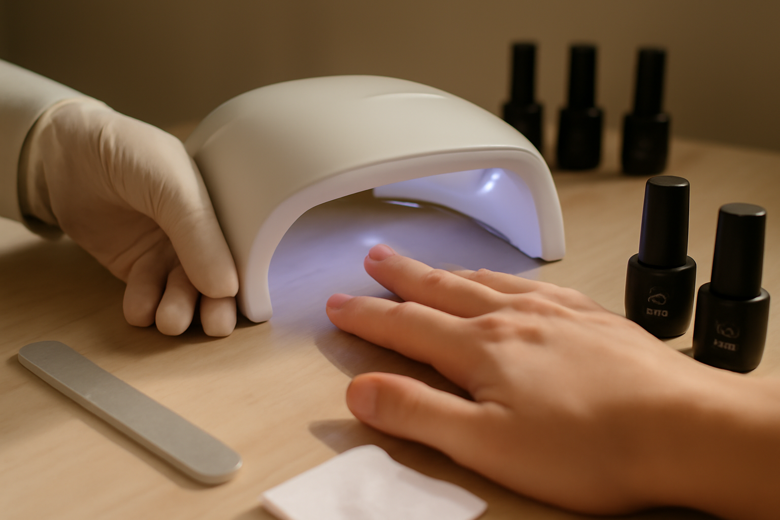 Machine vernis semi permanent avec lampe UV/LED et ongles en cours de pose