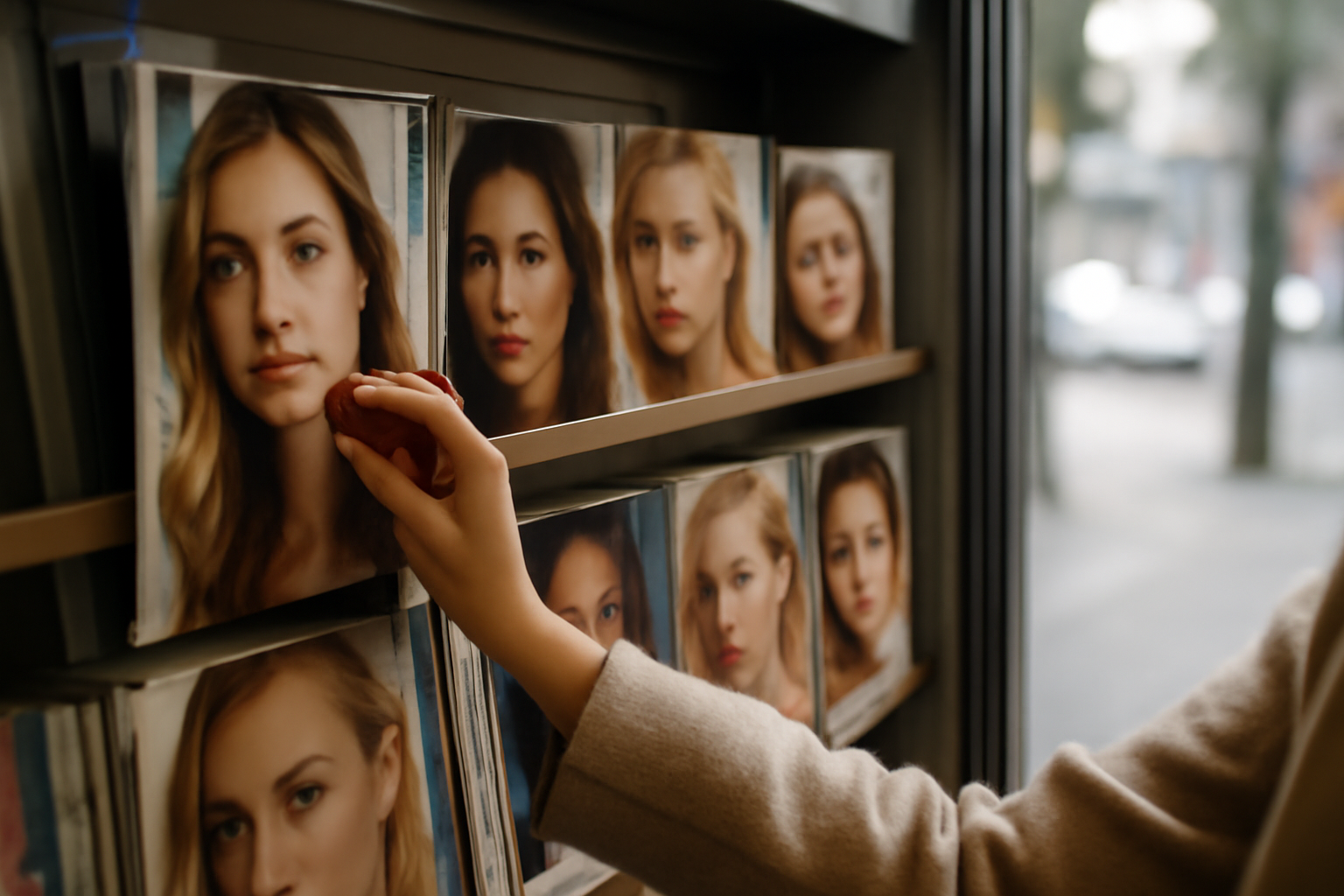 magazine votre beauté en kiosque avec piles de numéros et lumière naturelle