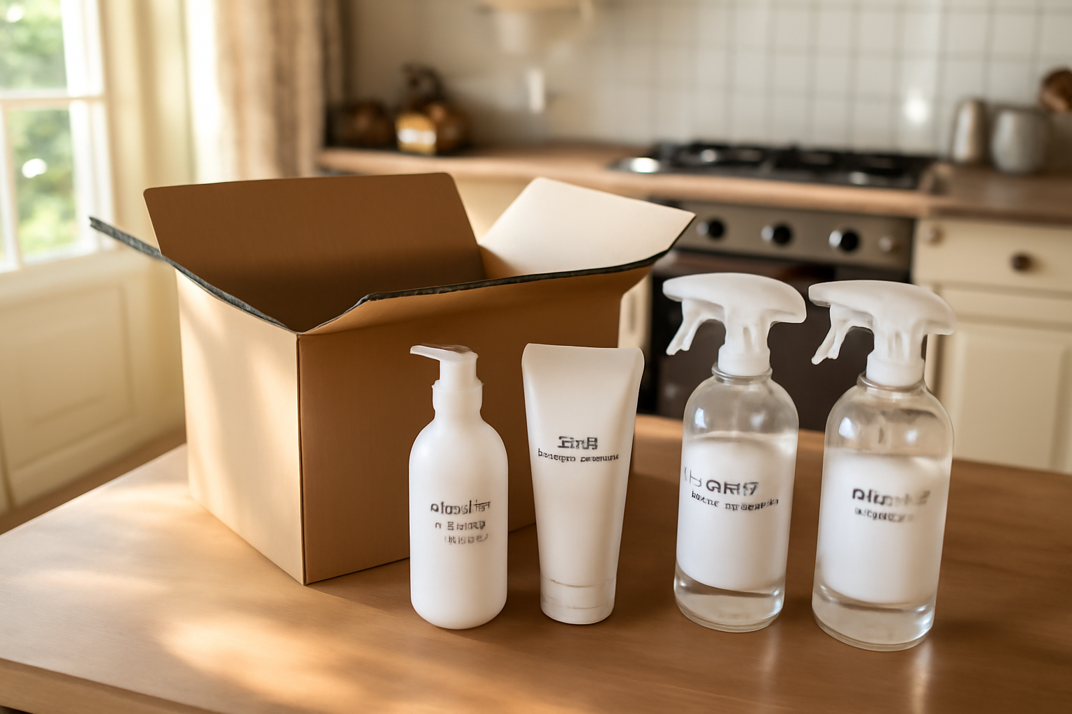 maisonetbeaute produits beauté et entretien de la maison sur table avec étiquettes et panier
