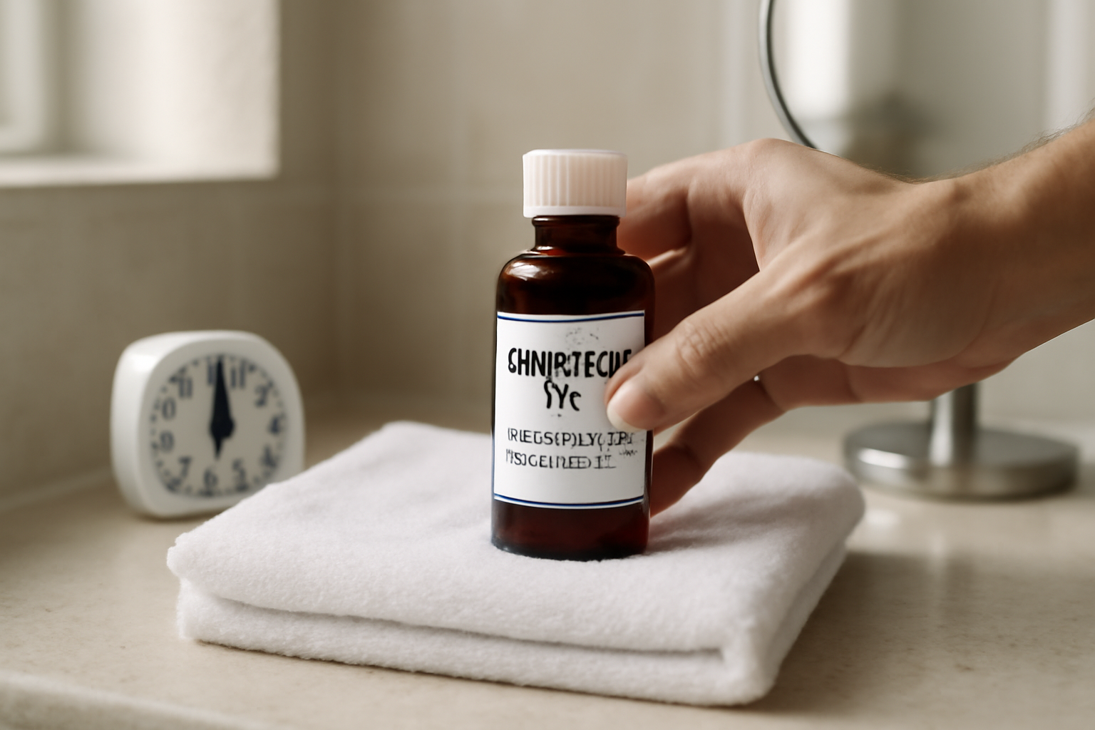 minoxidil kirkland 5% sur flacon et compte-gouttes, sur une table de salle de bain, lumière naturelle
