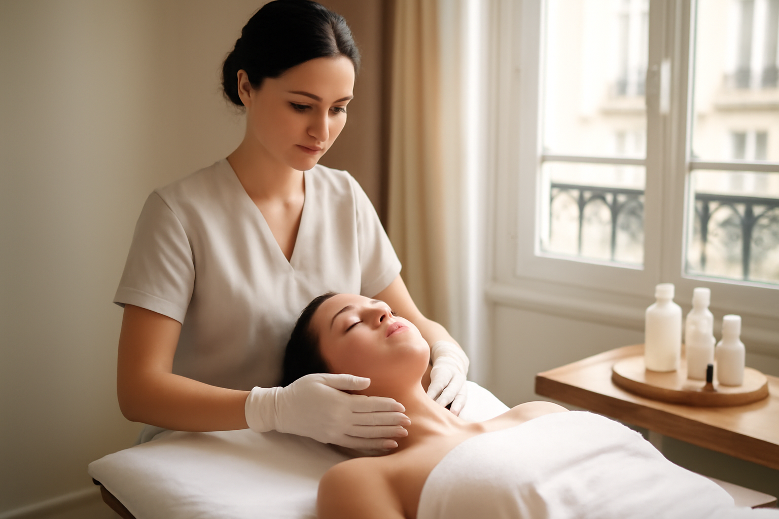 miracle face drainage visage et cou en institut de beauté, praticienne utilisant des mouvements manuels sur le visage