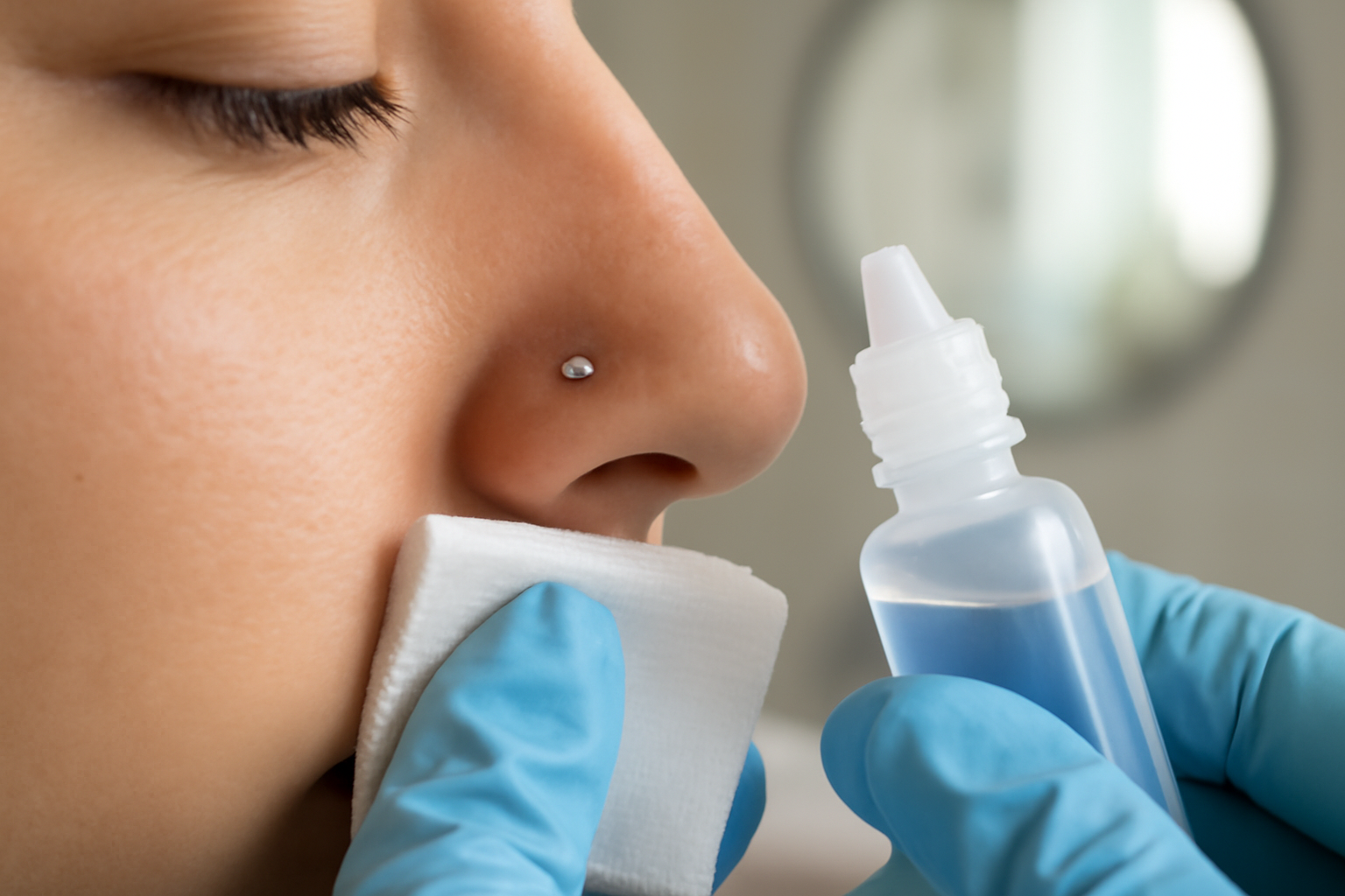 Piercing au nostril sur narine externe, bijou en titane implantable, lumière naturelle, main tenant un sérum physiologique
