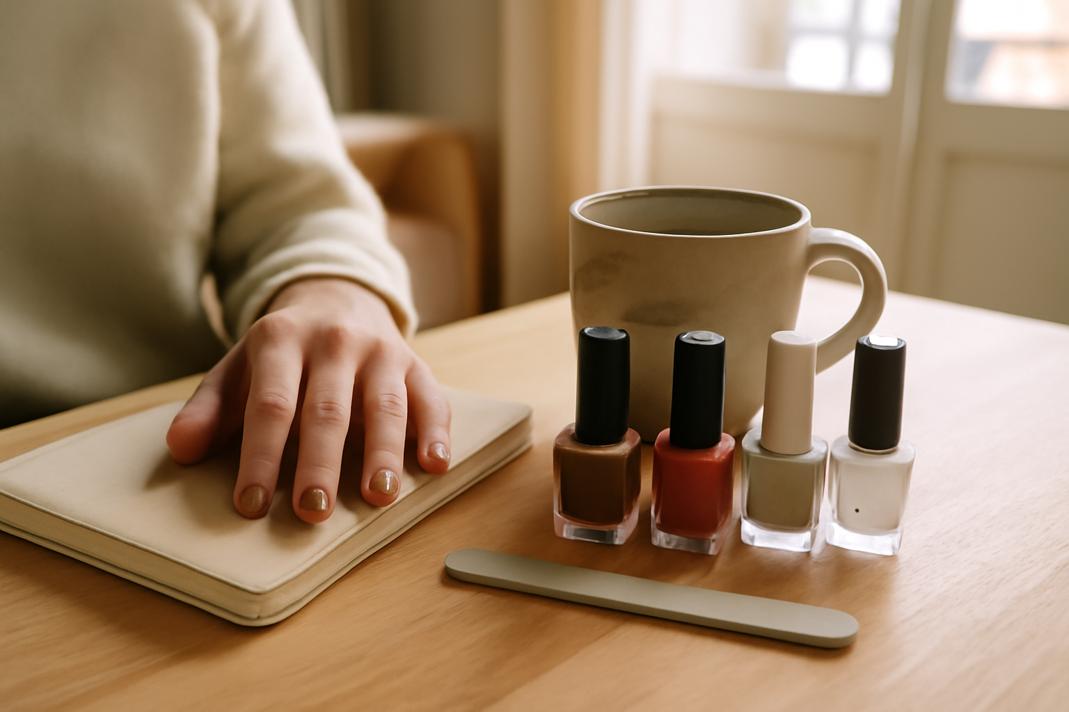 ongles automne 2025 moka rouille vert sauge sur table bois