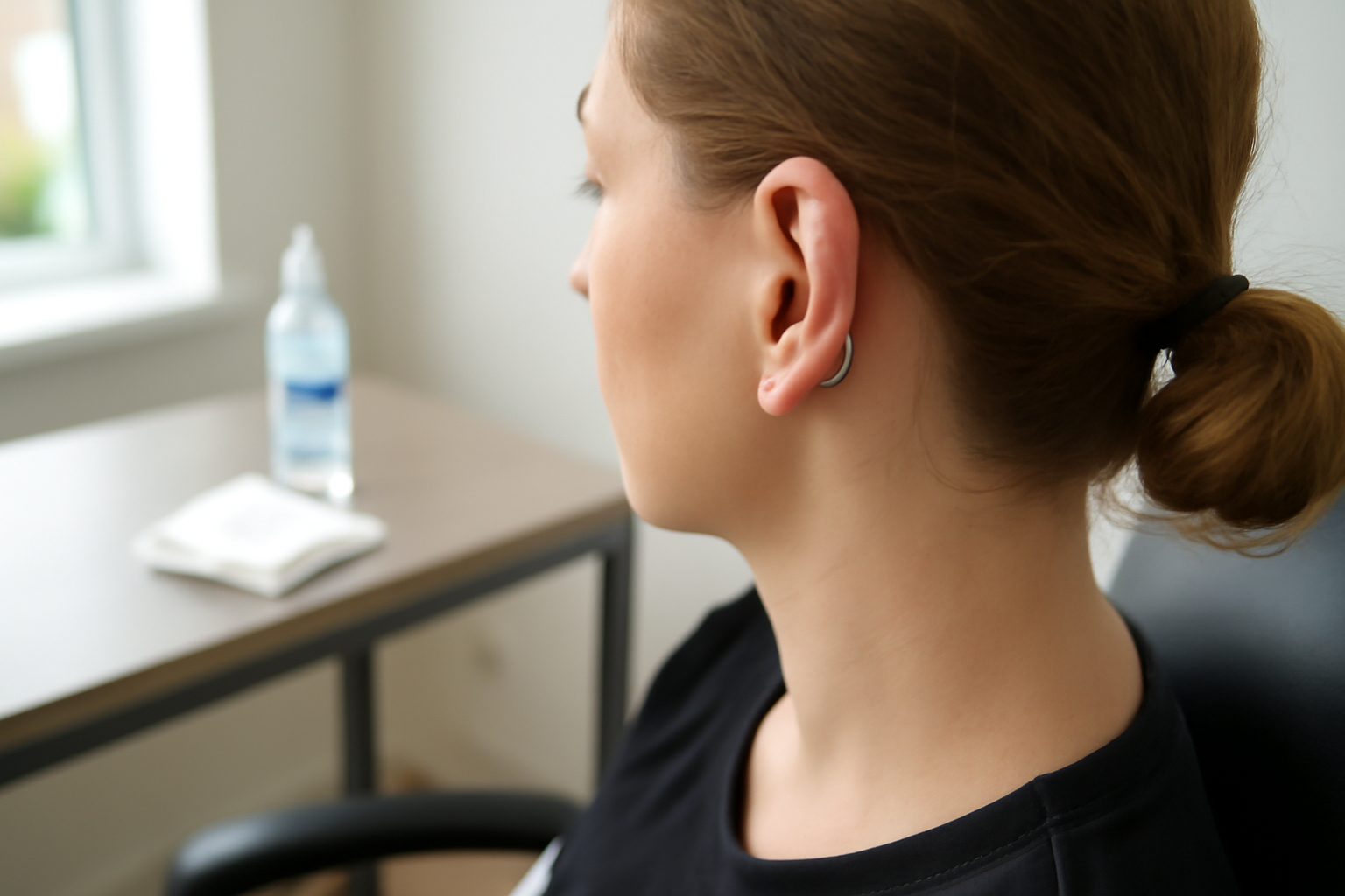 piercing conch bienfaits : bijou en titane sur oreille avec marques de soin