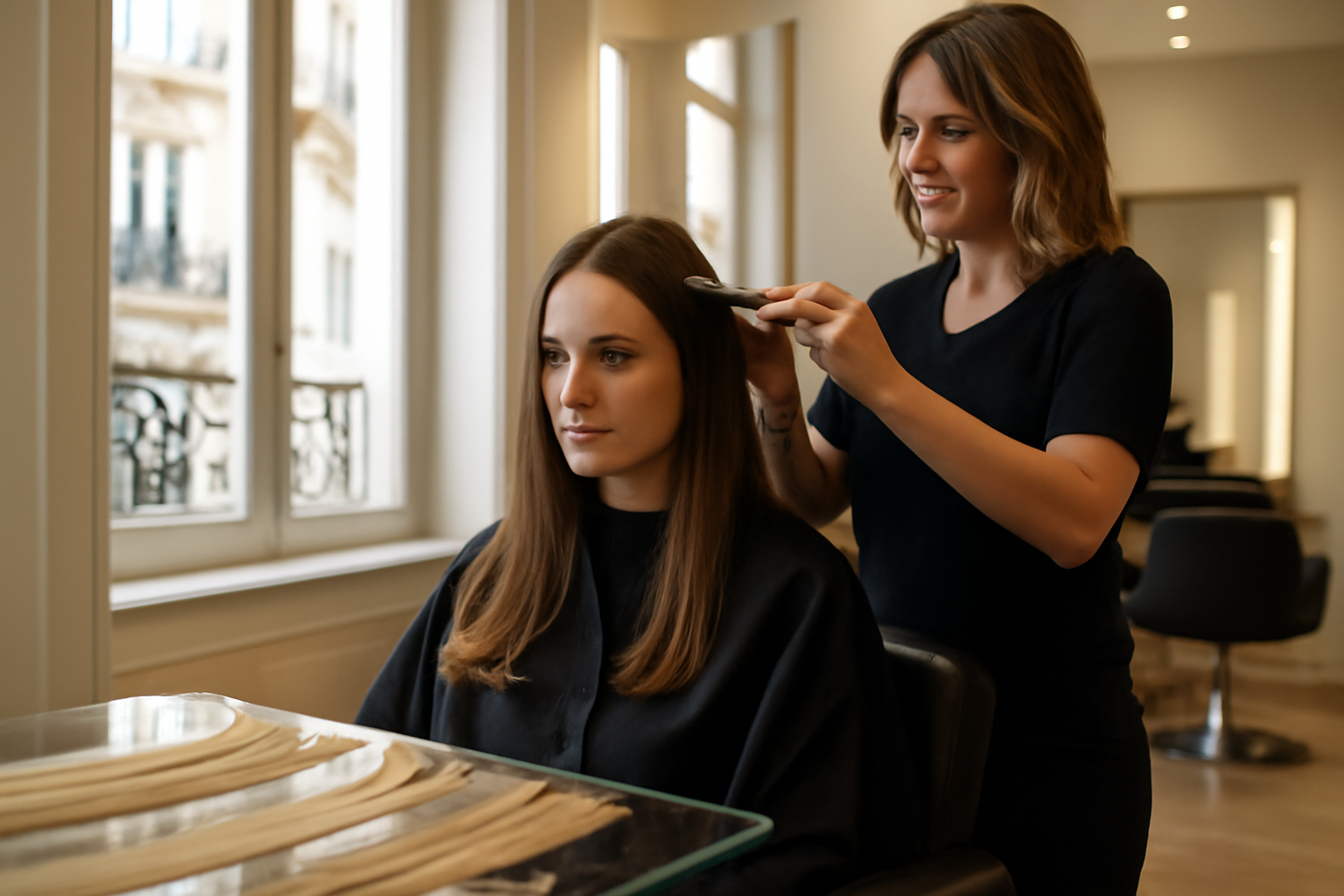 Rajout pour les cheveux : mèches naturelles posées près de la raie, lumière naturelle