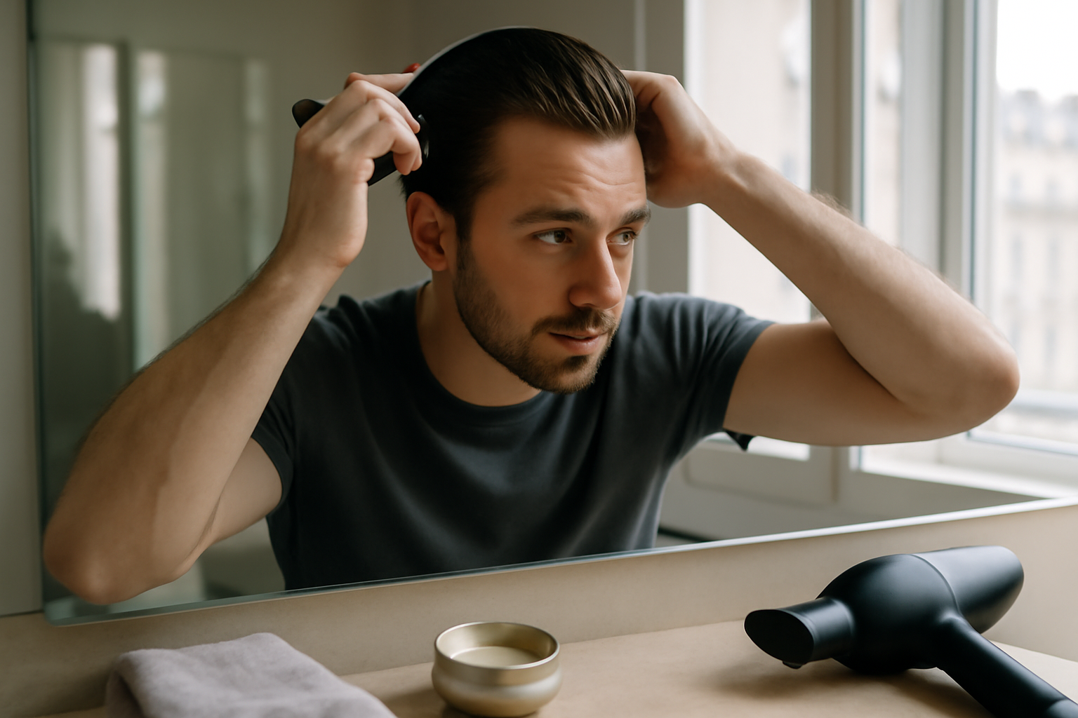 Slick back sur cheveux légèrement humides : peigne et produit coiffant en préparation