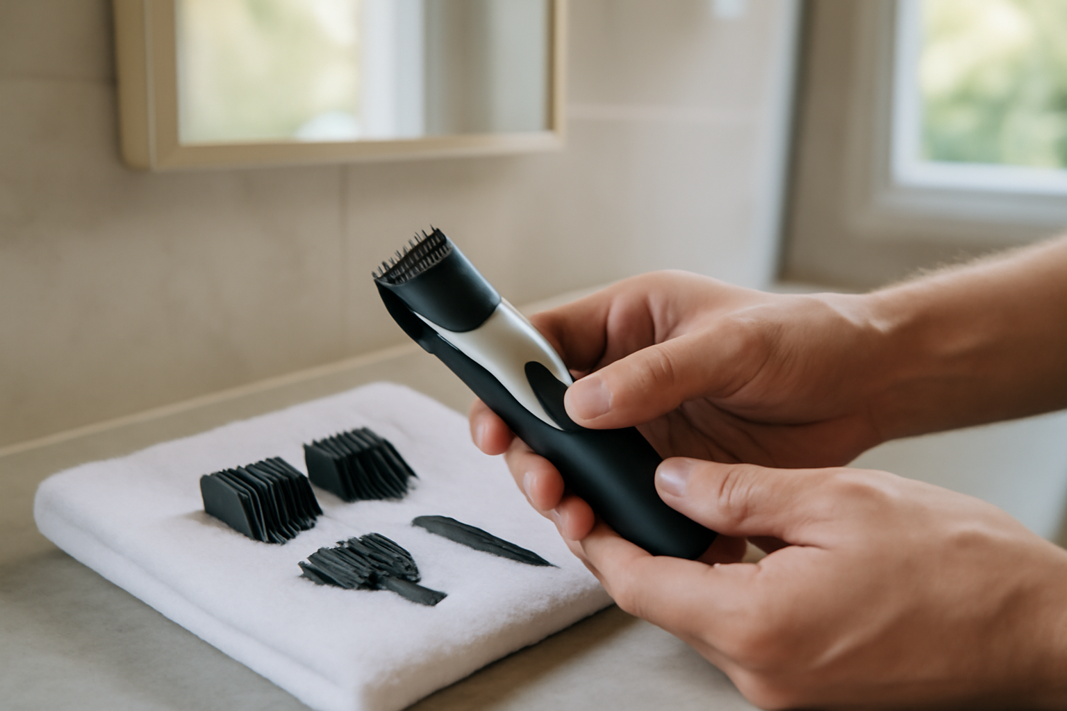 tondeuse cheveux barbe avec sabots et guide de barbe sur une salle de bain lumineuse