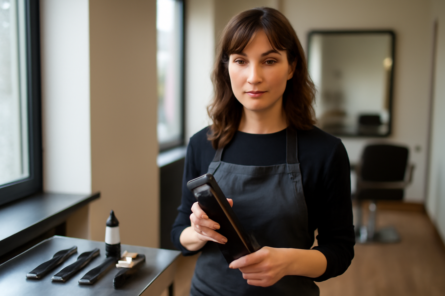 Tondeuse professionnelle cheveux sur table de salon, lames et peignes visibles